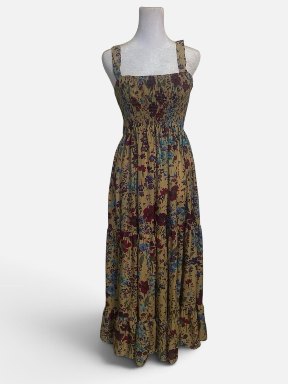 Zara Mustard Floral Smocked Maxi Dress with Red and Blue Blooms